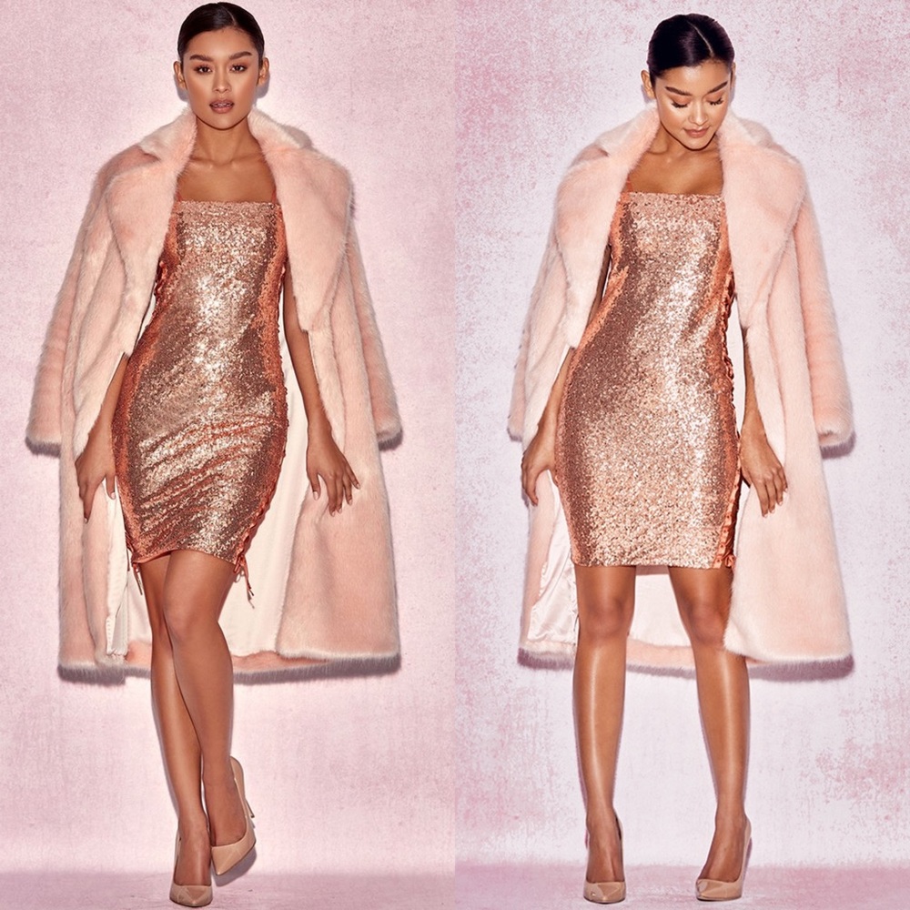 HOUSE OF CB ‘ZAMORA' PALE PINK OVERSIZED FAUX FUR COAT